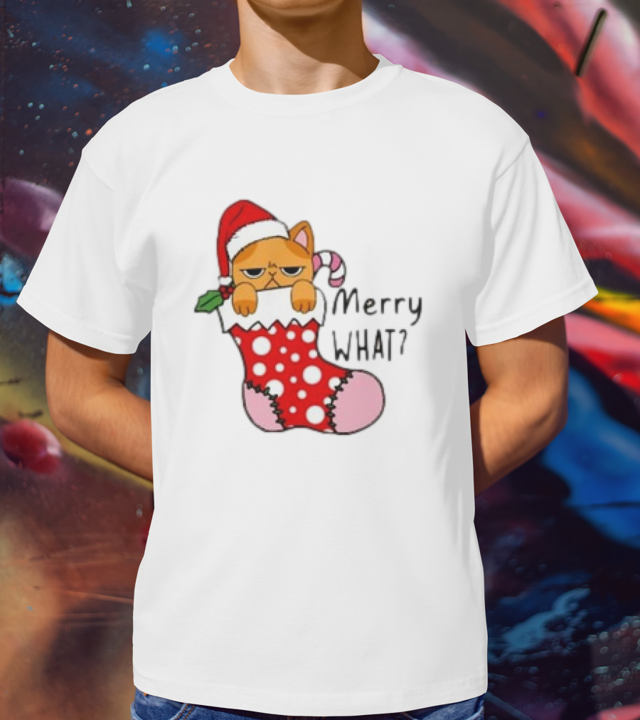 Merry What Cat In Santa Hat Christmas Stocking T-Shirt