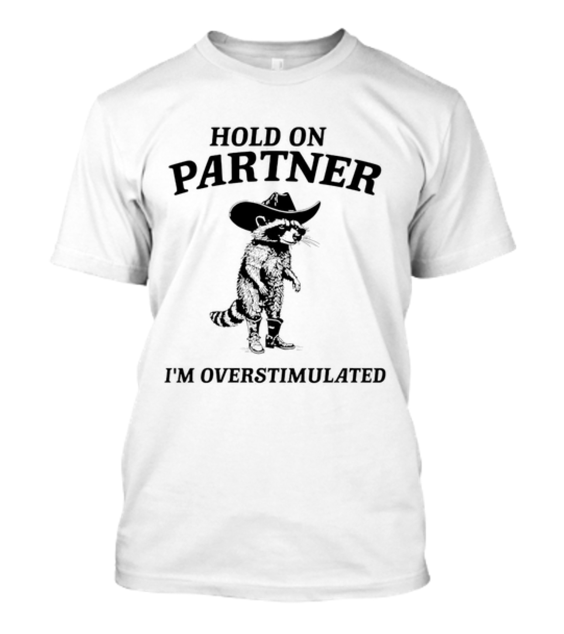 Hold On Partner Cowboy Hat Raccoon I'm Overstimulated T-Shirt