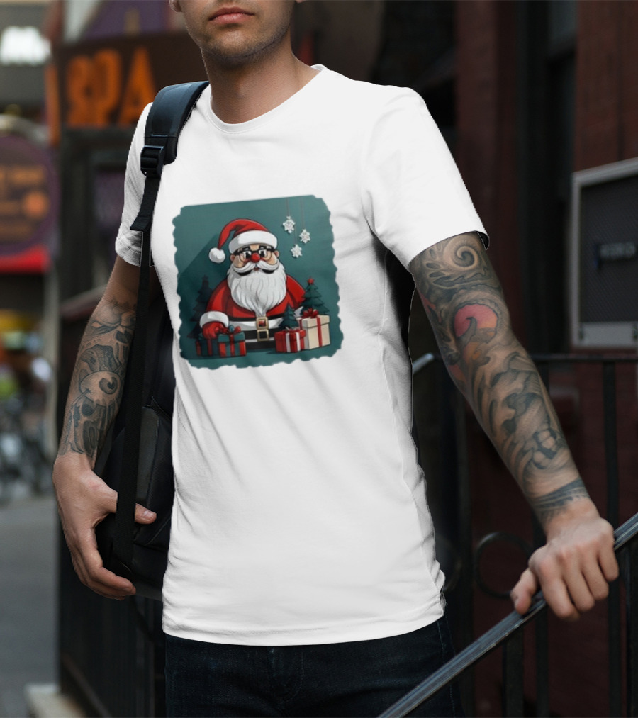 Santa Claus With Snowflakes And Presents Christmas Holiday Scene T-Shirt