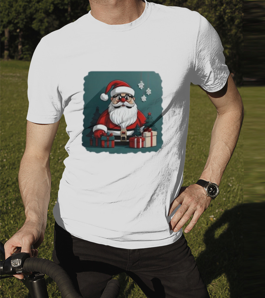 Santa Claus With Snowflakes And Presents Christmas Holiday Scene T-Shirt