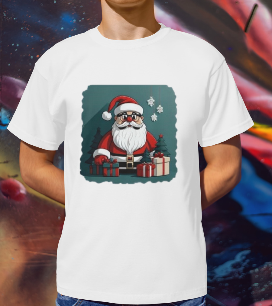 Santa Claus With Snowflakes And Presents Christmas Holiday Scene T-Shirt