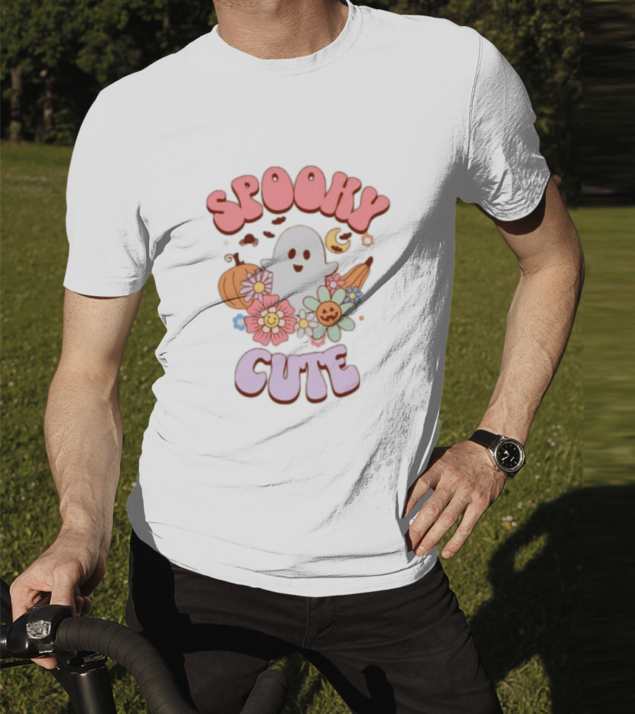 Spooky Cute Ghost With Pumpkins Flowers And Crescent Moon T-Shirt