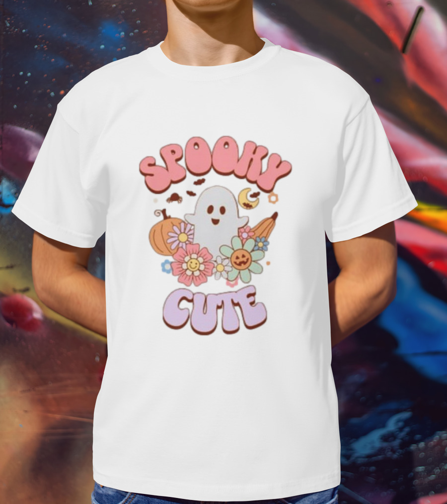 Spooky Cute Ghost With Pumpkins Flowers And Crescent Moon T-Shirt