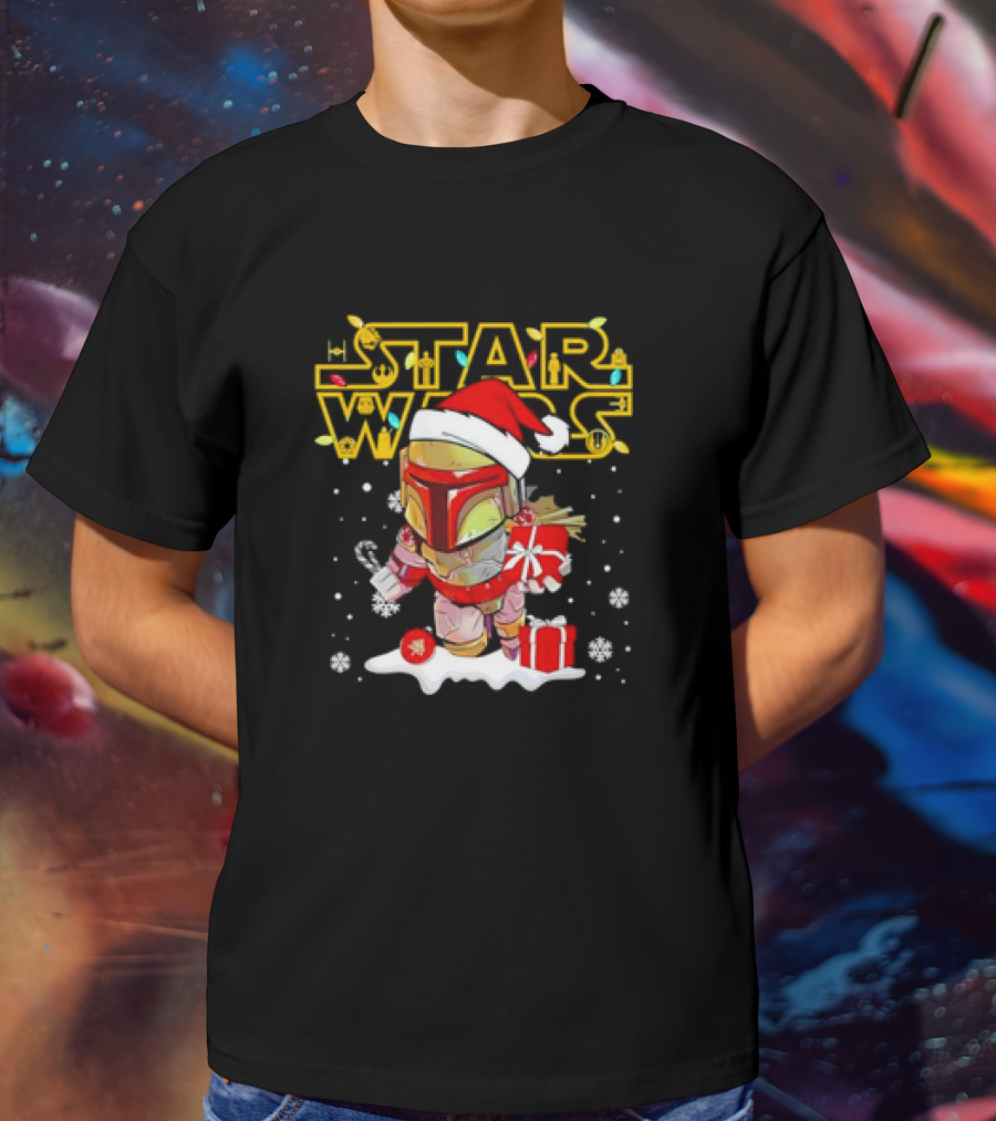 Disneyland Star Wars Boba Fett Christmas Santa Hat And Gifts Snowflakes T-Shirt