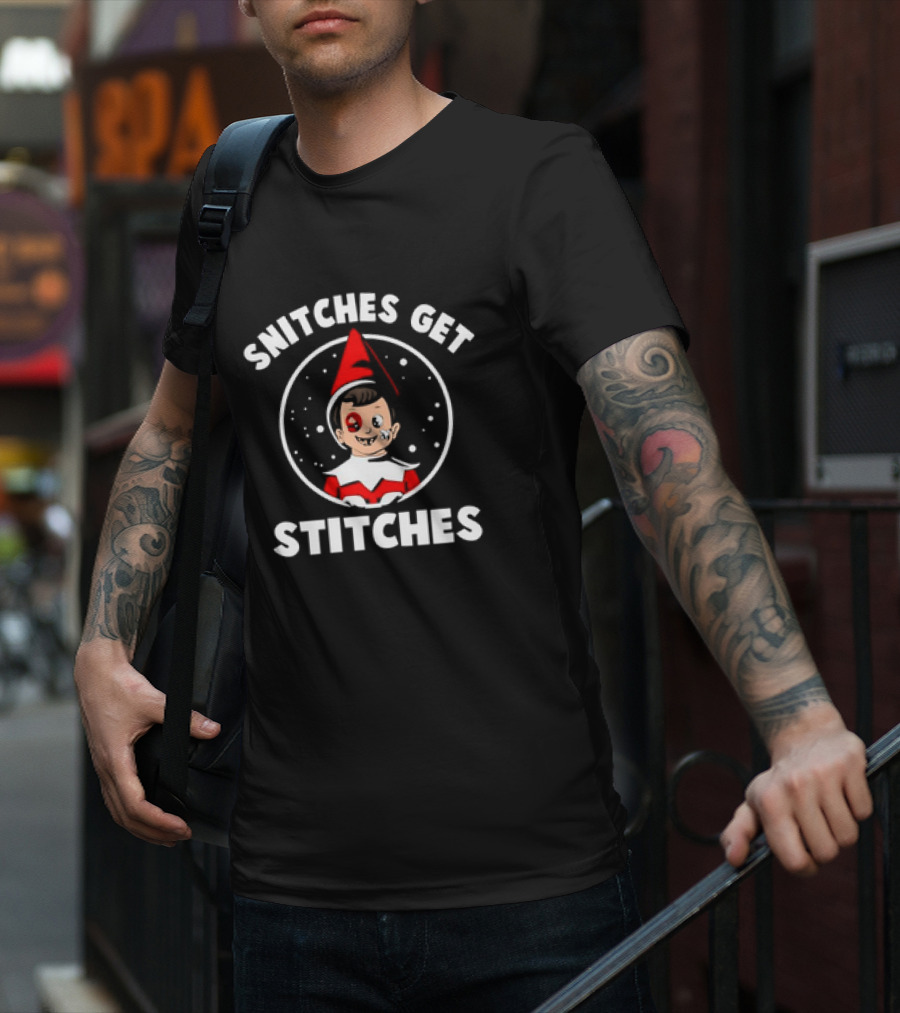 Snitches Get Stitches Elf On A Shelf Humor Cartoon Face T-Shirt