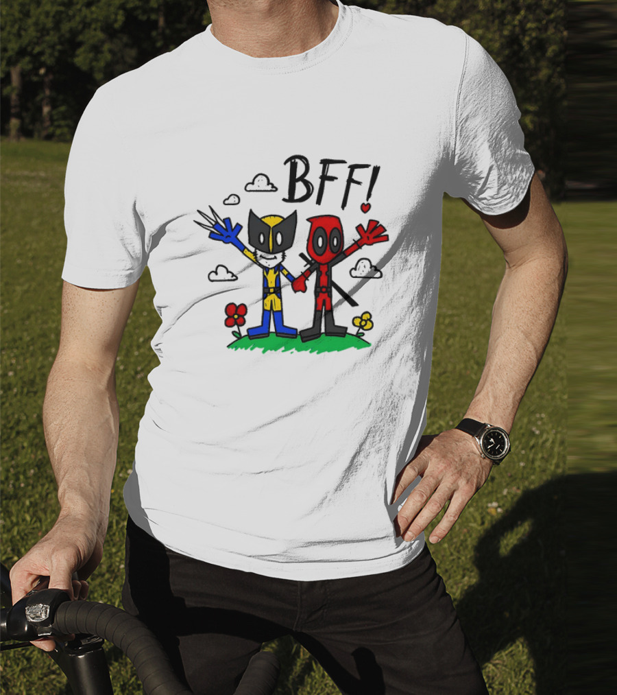 Deadpool And Wolverine BFF Cartoon Style With Heart And Clouds T-Shirt