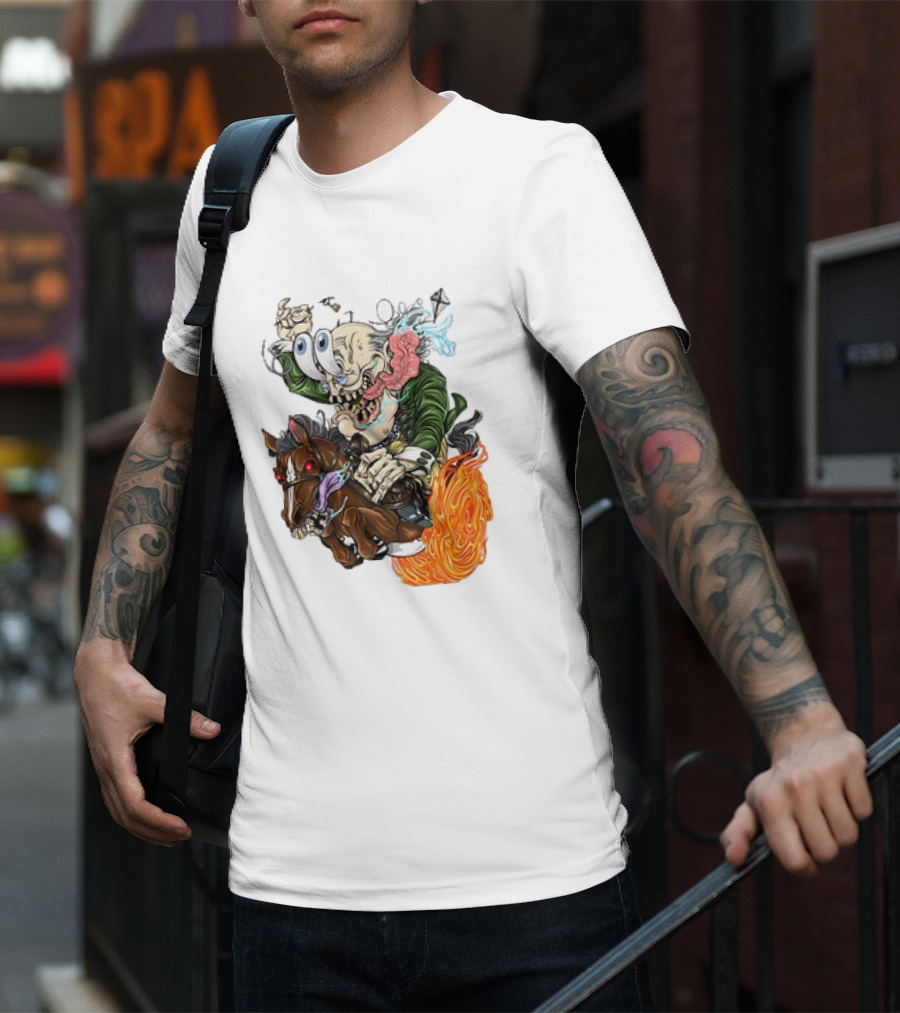 Ben FINKlin Surreal Dual-Eyed Figure On Flame-Engulfed Horse T-Shirt