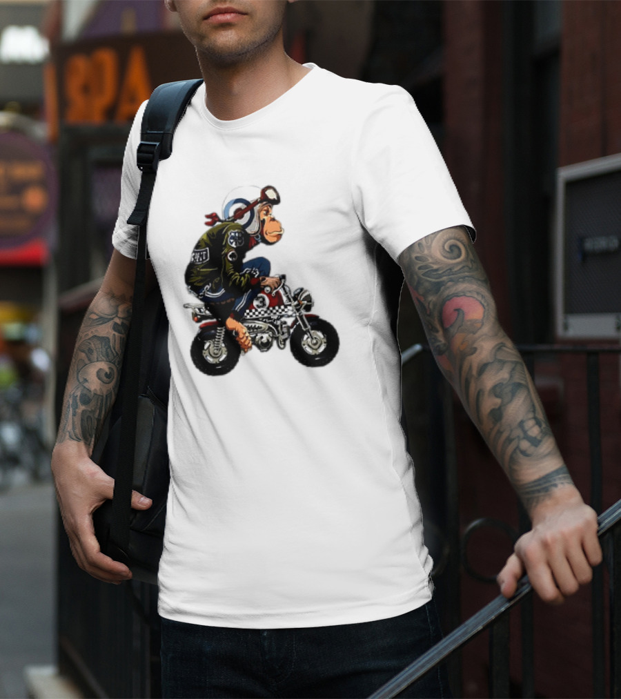 Monkey Riding Checkered Mini Bike Cartoon T-Shirt