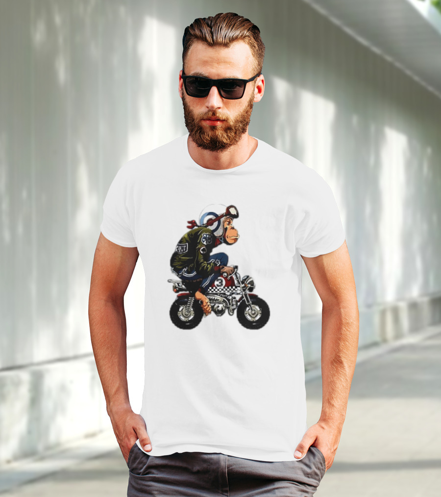 Monkey Riding Checkered Mini Bike Cartoon T-Shirt