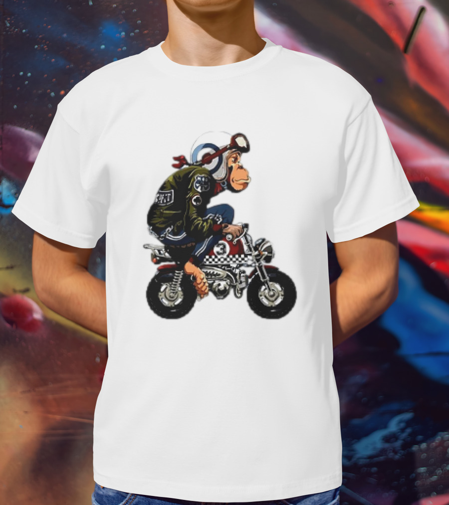Monkey Riding Checkered Mini Bike Cartoon T-Shirt