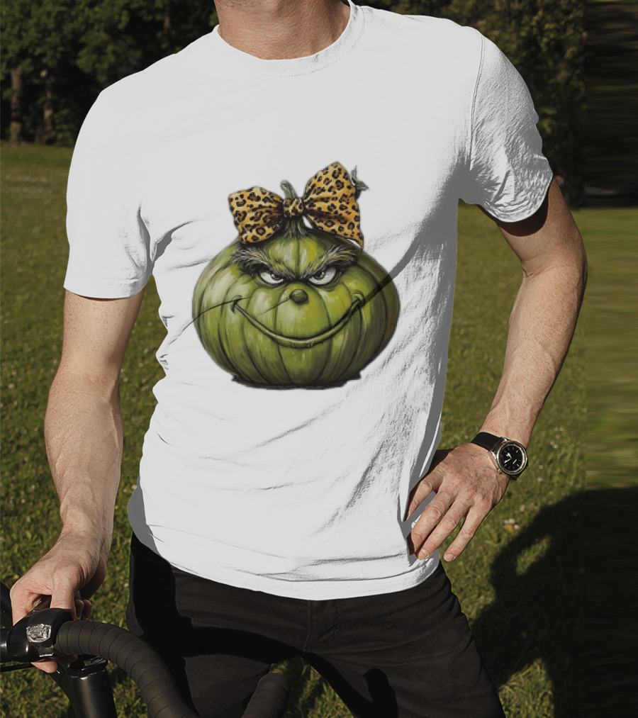 Retro Vintage Leopard Bow Grinch Pumpkin T-Shirt