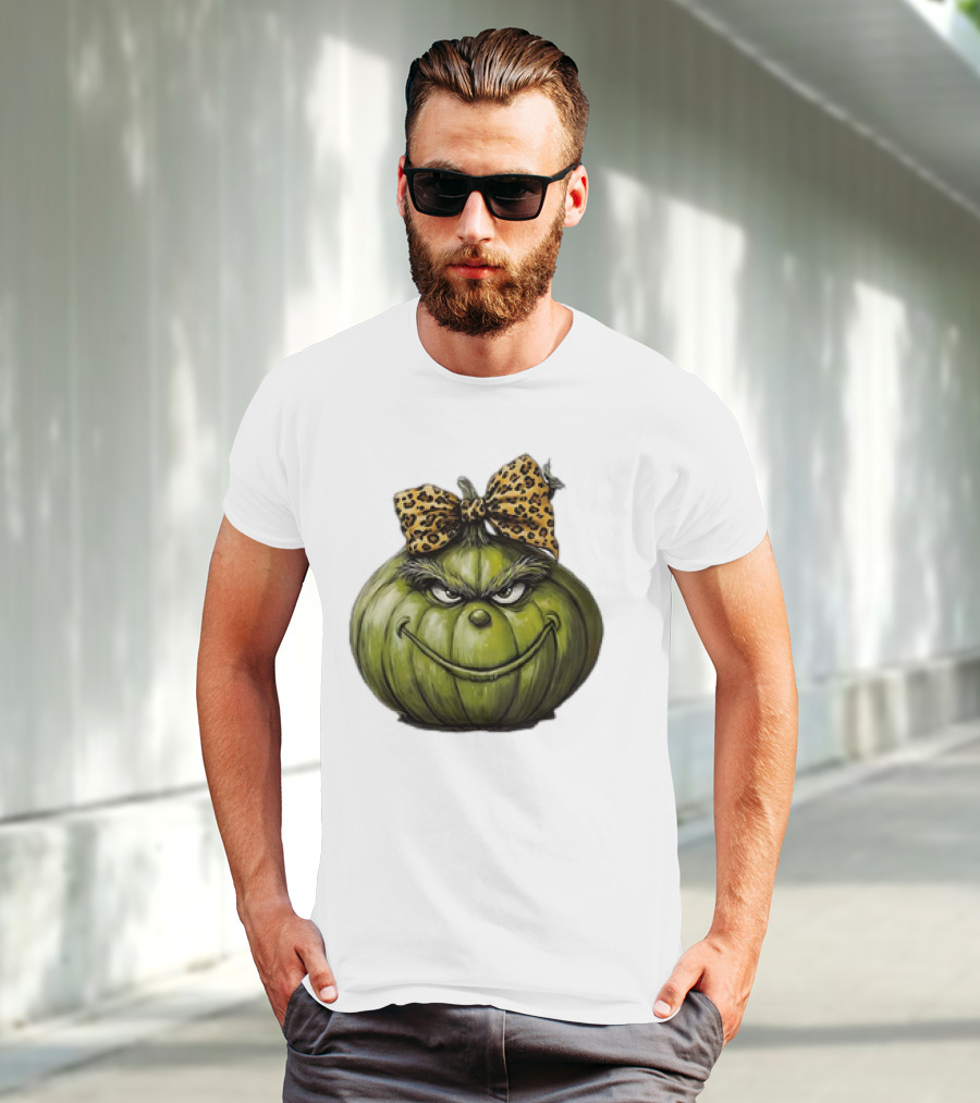 Retro Vintage Leopard Bow Grinch Pumpkin T-Shirt