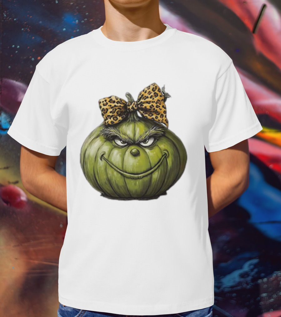 Retro Vintage Leopard Bow Grinch Pumpkin T-Shirt