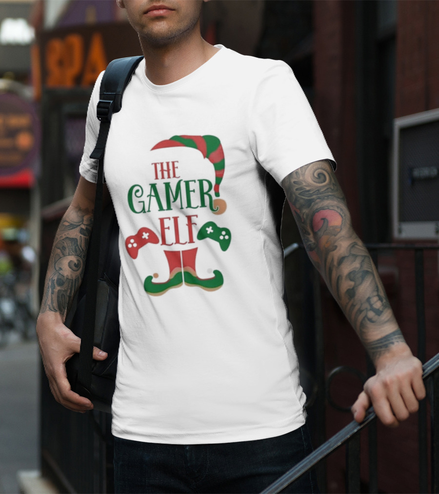 The Gamer Elf With Christmas Hat And Controllers T-Shirt