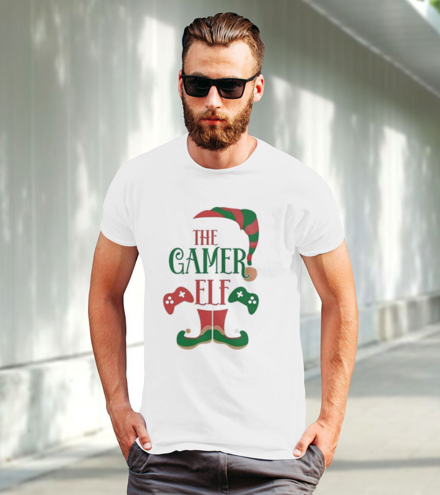 The Gamer Elf With Christmas Hat And Controllers T-Shirt