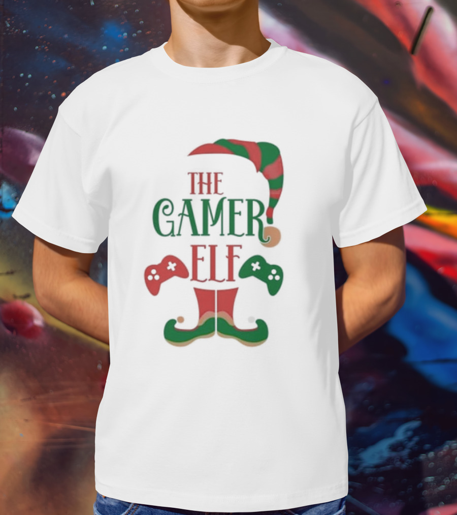 The Gamer Elf With Christmas Hat And Controllers T-Shirt