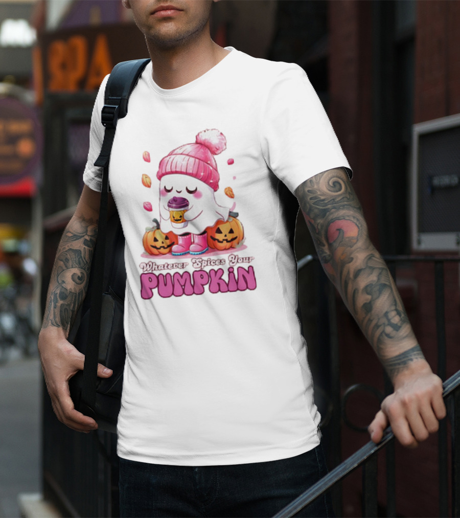 Ghost In Pink Beanie With Coffee And Pumpkins Whatever Spices Your Pumpkin T-Shirt