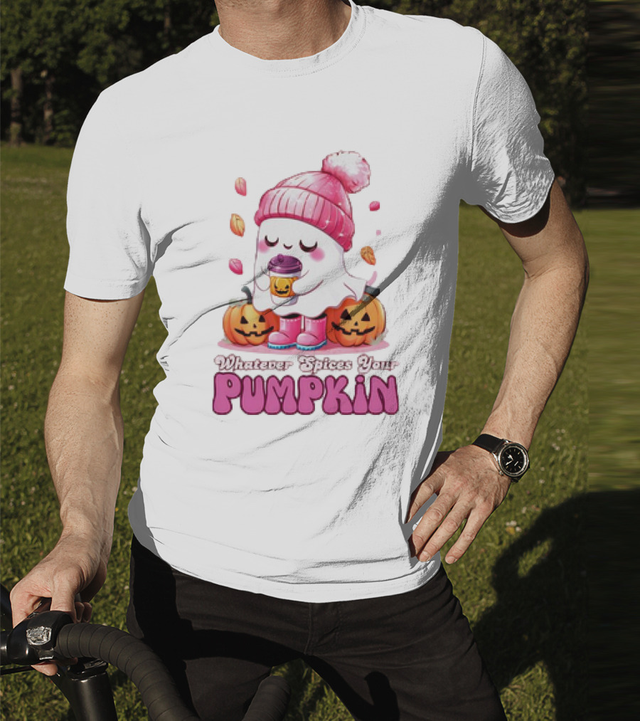Ghost In Pink Beanie With Coffee And Pumpkins Whatever Spices Your Pumpkin T-Shirt