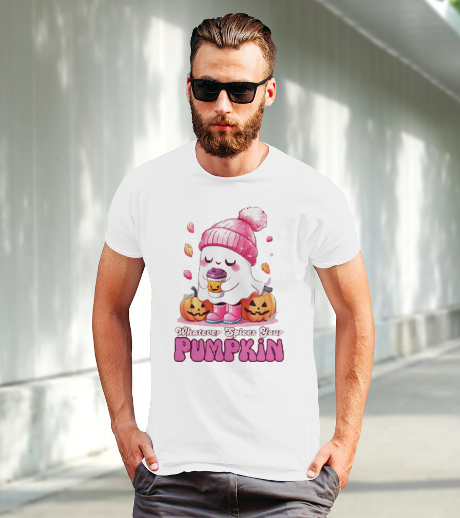 Ghost In Pink Beanie With Coffee And Pumpkins Whatever Spices Your Pumpkin T-Shirt