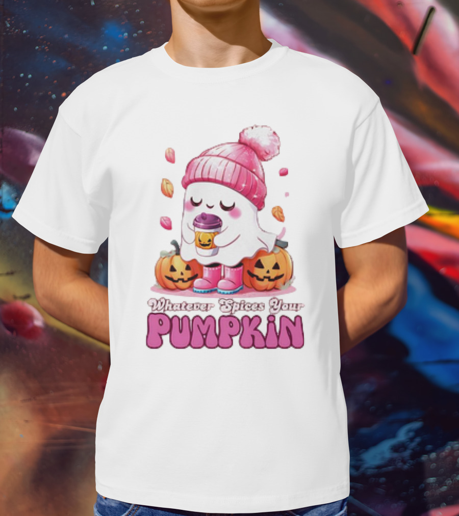 Ghost In Pink Beanie With Coffee And Pumpkins Whatever Spices Your Pumpkin T-Shirt