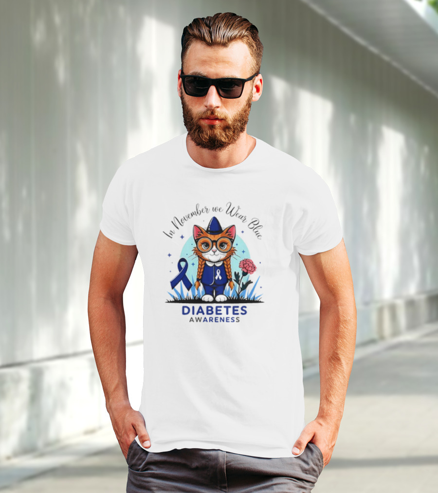 In November We Wear Blue Cute Cat Diabetes Awareness T-Shirt