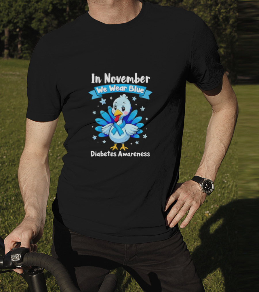 In November We Wear Blue Thanksgiving Diabetes Awareness Turkey With Ribbon And Stars T-Shirt