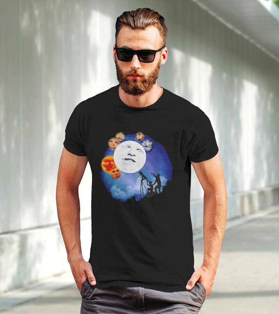 Man And Child Stargazing At Moon And Face Planets T-Shirt