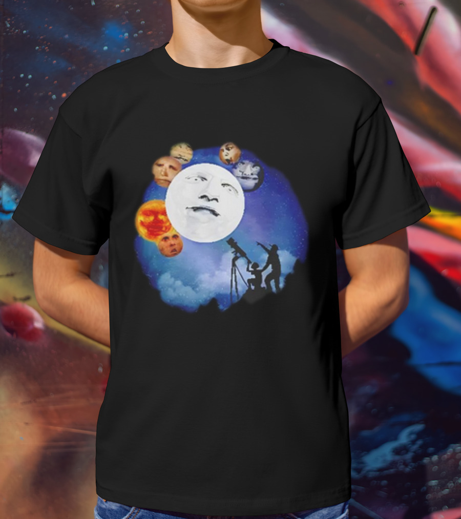 Man And Child Stargazing At Moon And Face Planets T-Shirt