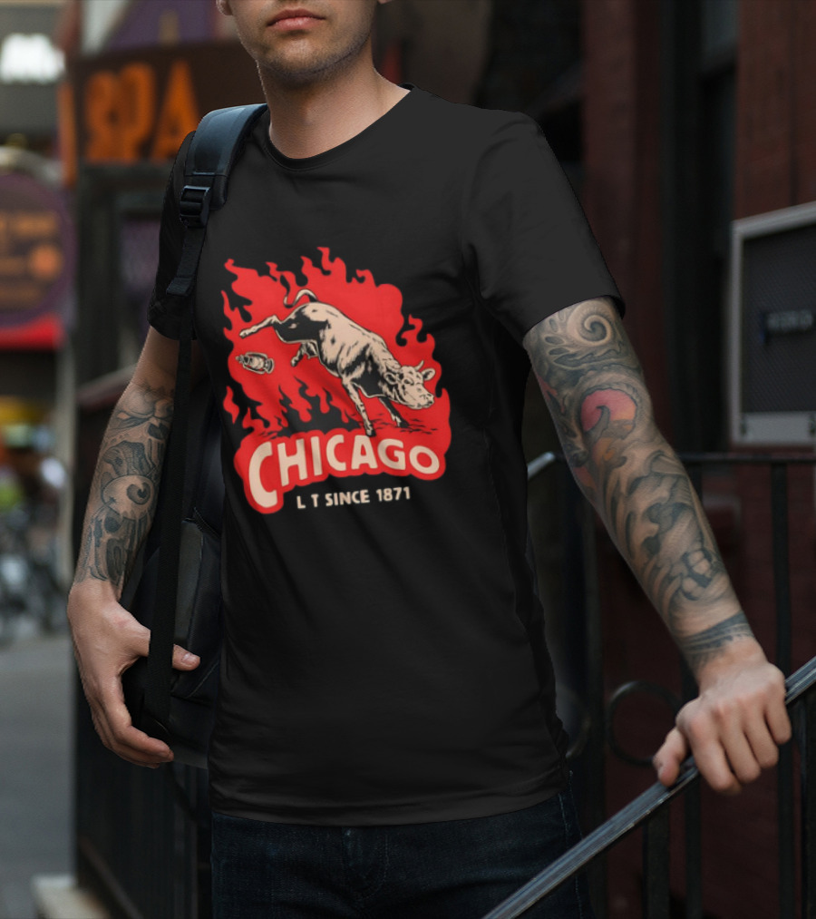 Chicago Lit Since 1871 Kicking Cow Flame T-Shirt
