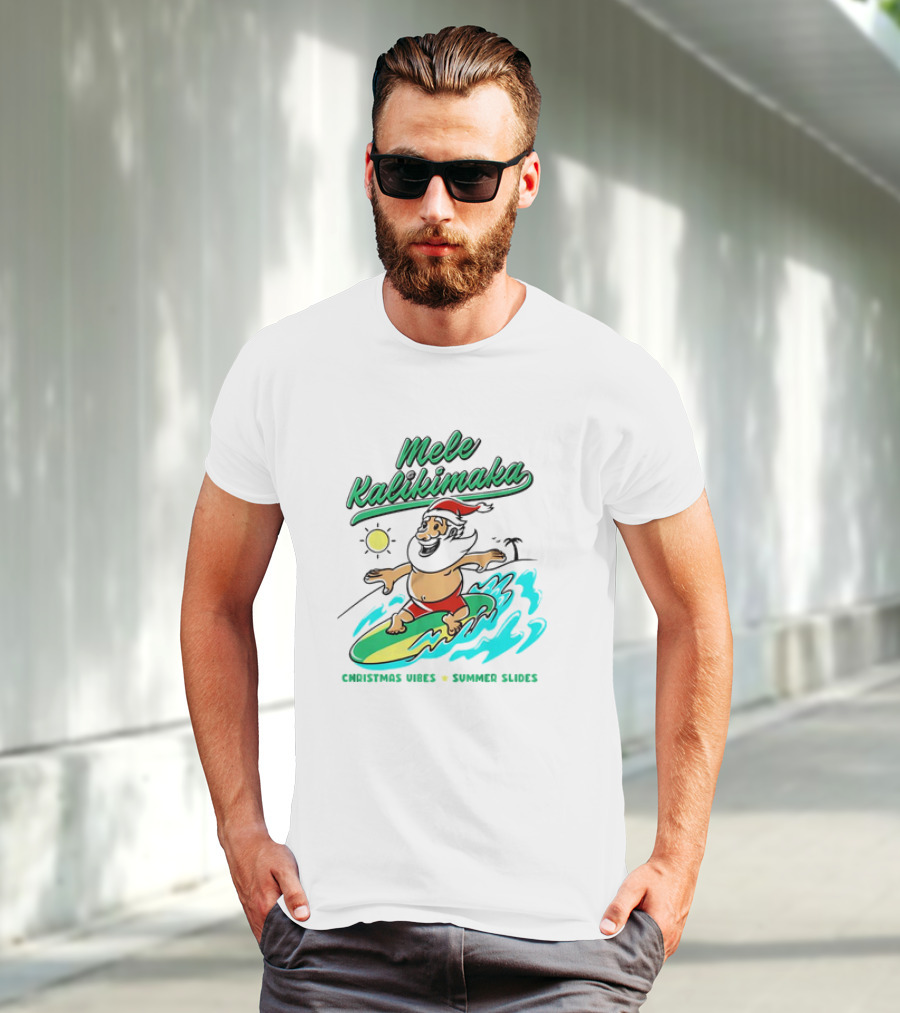 Mele Kalikimaka Santa Surfing Christmas Vibes Summer Slides Tropical Sun T-Shirt