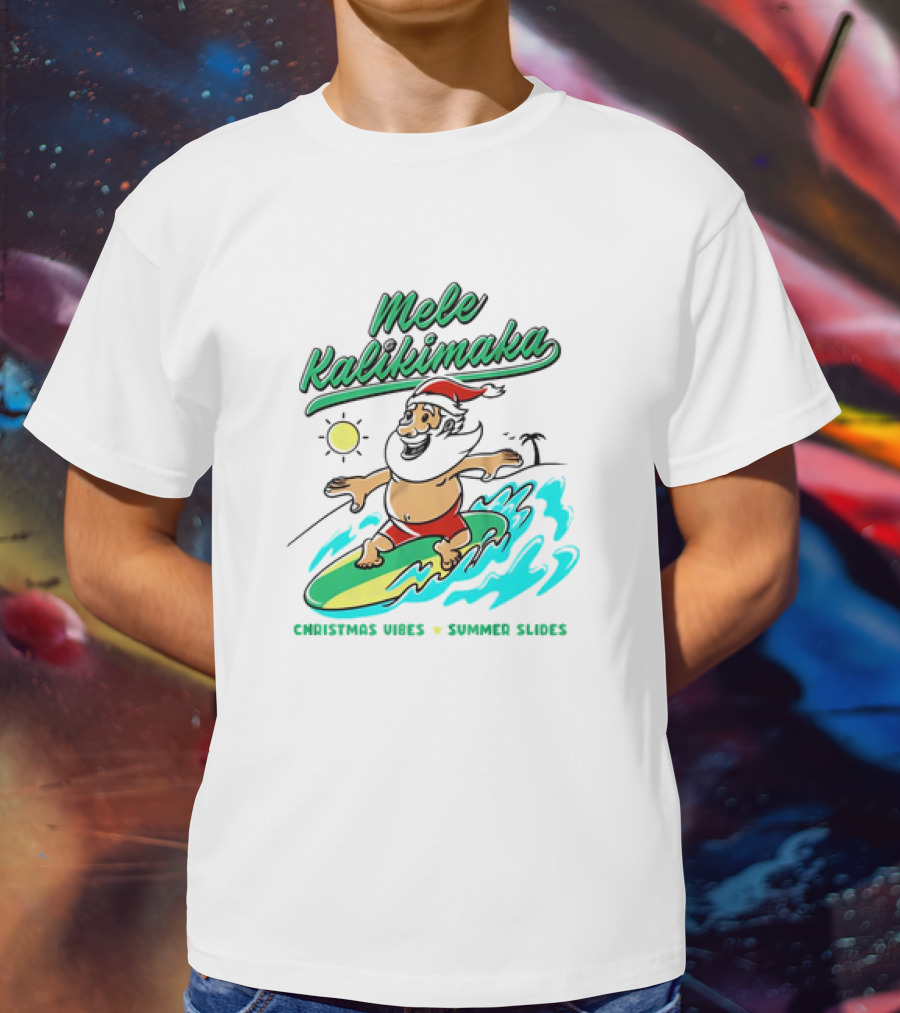 Mele Kalikimaka Santa Surfing Christmas Vibes Summer Slides Tropical Sun T-Shirt