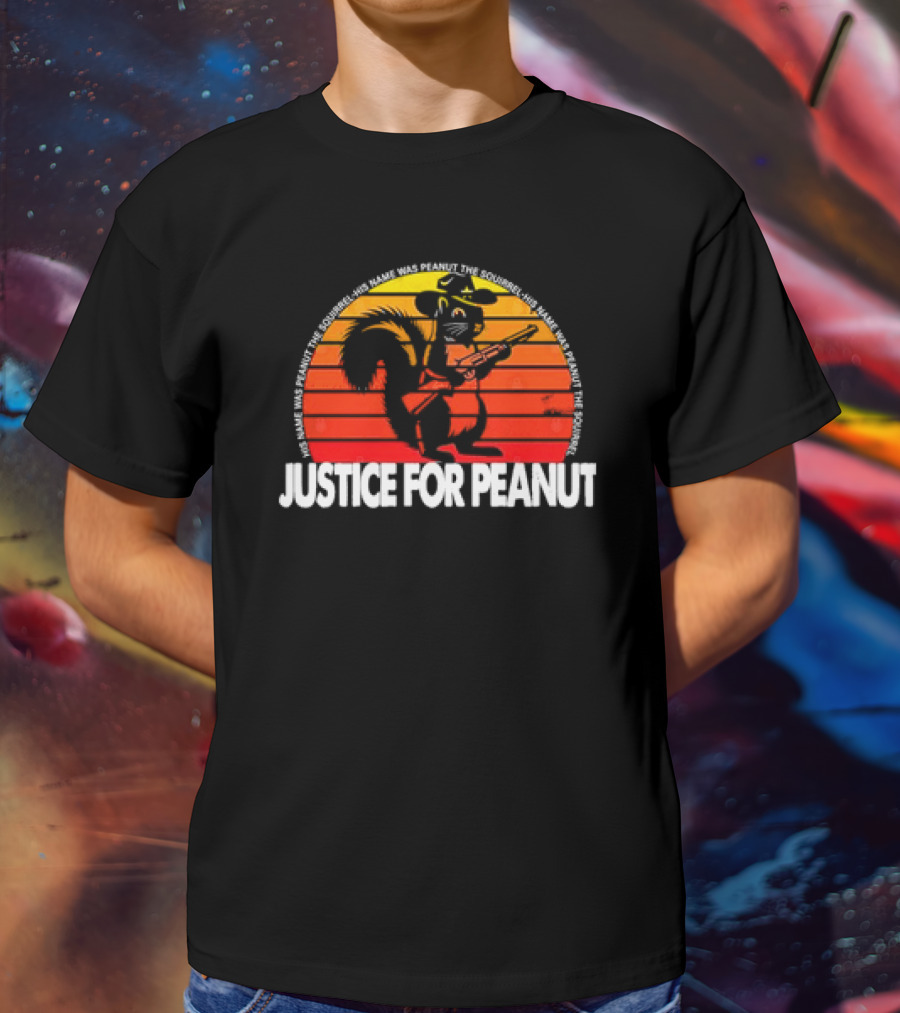 Justice For Peanut His Name Was Peanut The Squirrel Retro Sunset Squirrel With Hat And Gun T-Shirt