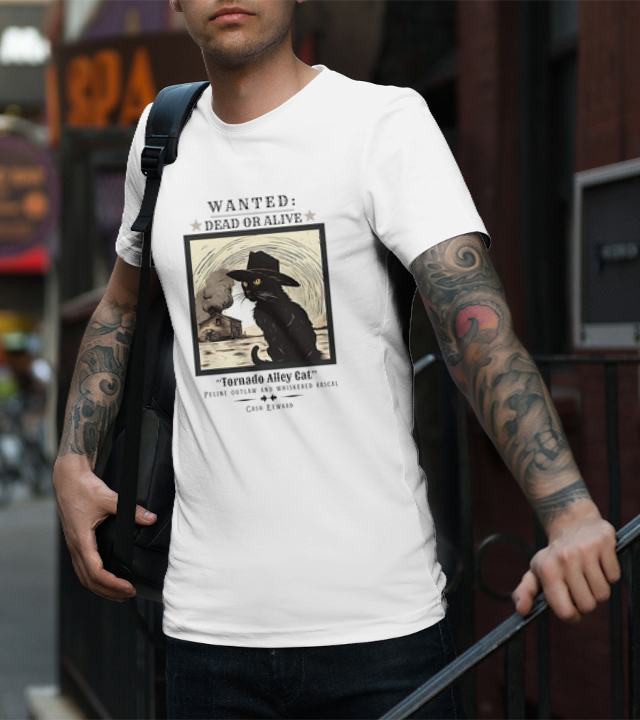 Wanted Dead Or Alive Tornado Alley Cat Oklahoma Whiskered Rascal Cowboy Twister Retro T-Shirt