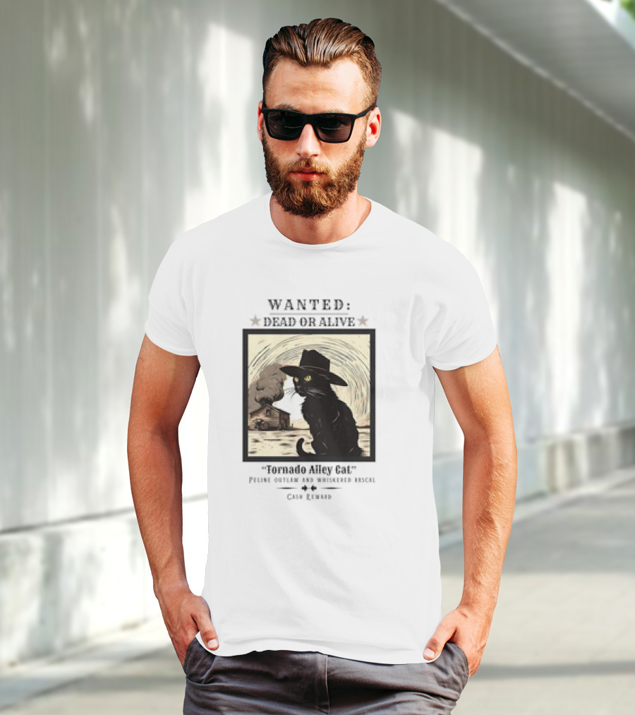 Wanted Dead Or Alive Tornado Alley Cat Oklahoma Whiskered Rascal Cowboy Twister Retro T-Shirt