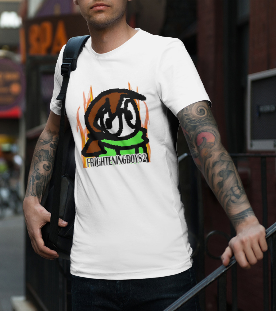 FRIGHTENINGBOY82 Leaf Pixel Art Character With Green Scarf And Flames T-Shirt
