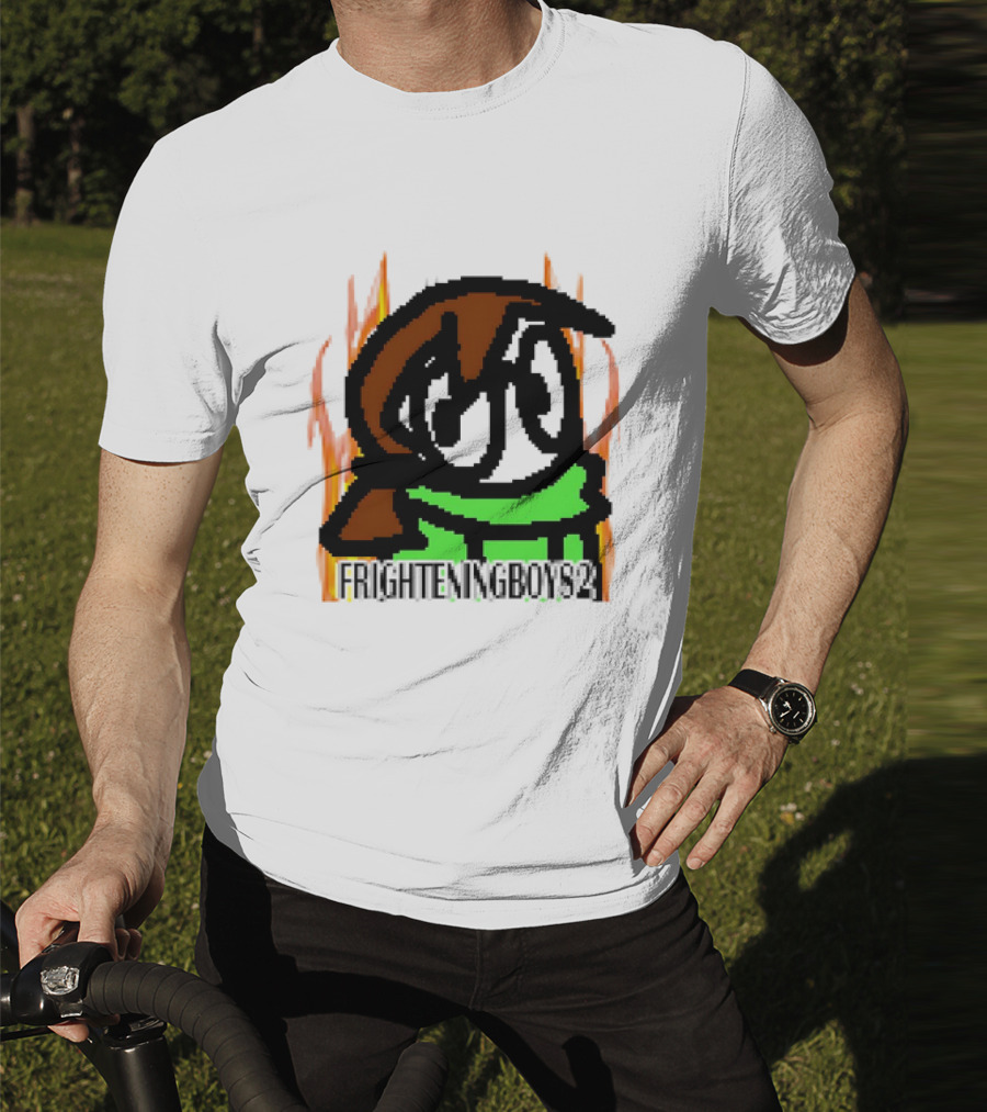 FRIGHTENINGBOY82 Leaf Pixel Art Character With Green Scarf And Flames T-Shirt