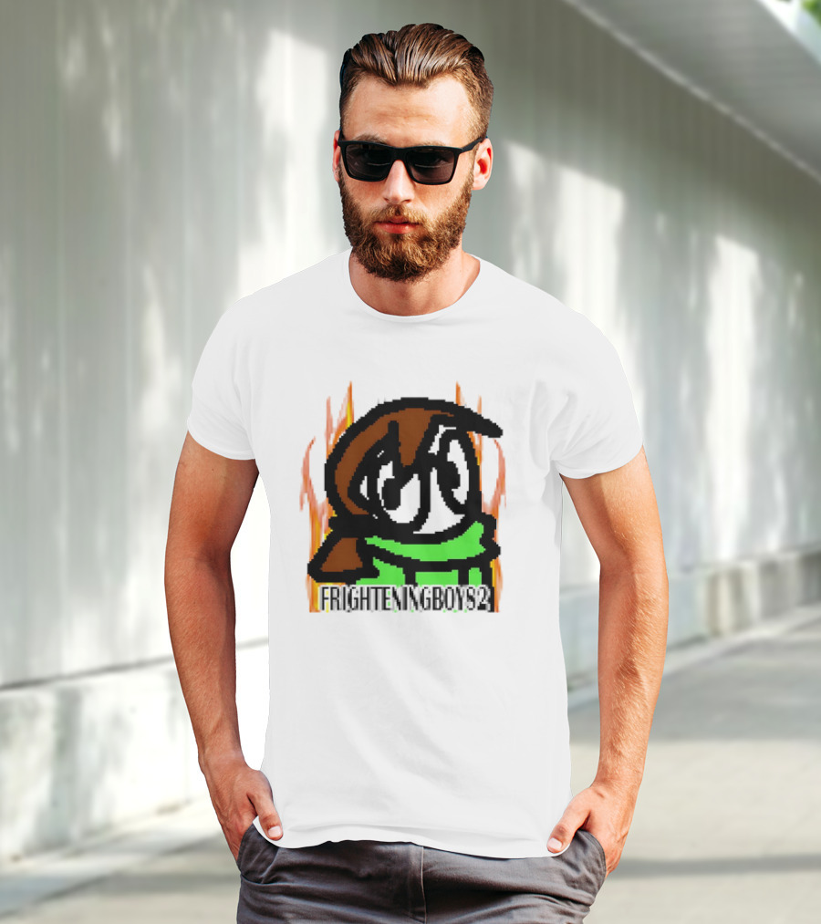 FRIGHTENINGBOY82 Leaf Pixel Art Character With Green Scarf And Flames T-Shirt