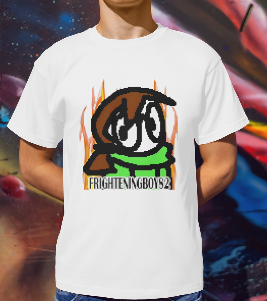 FRIGHTENINGBOY82 Leaf Pixel Art Character With Green Scarf And Flames T-Shirt