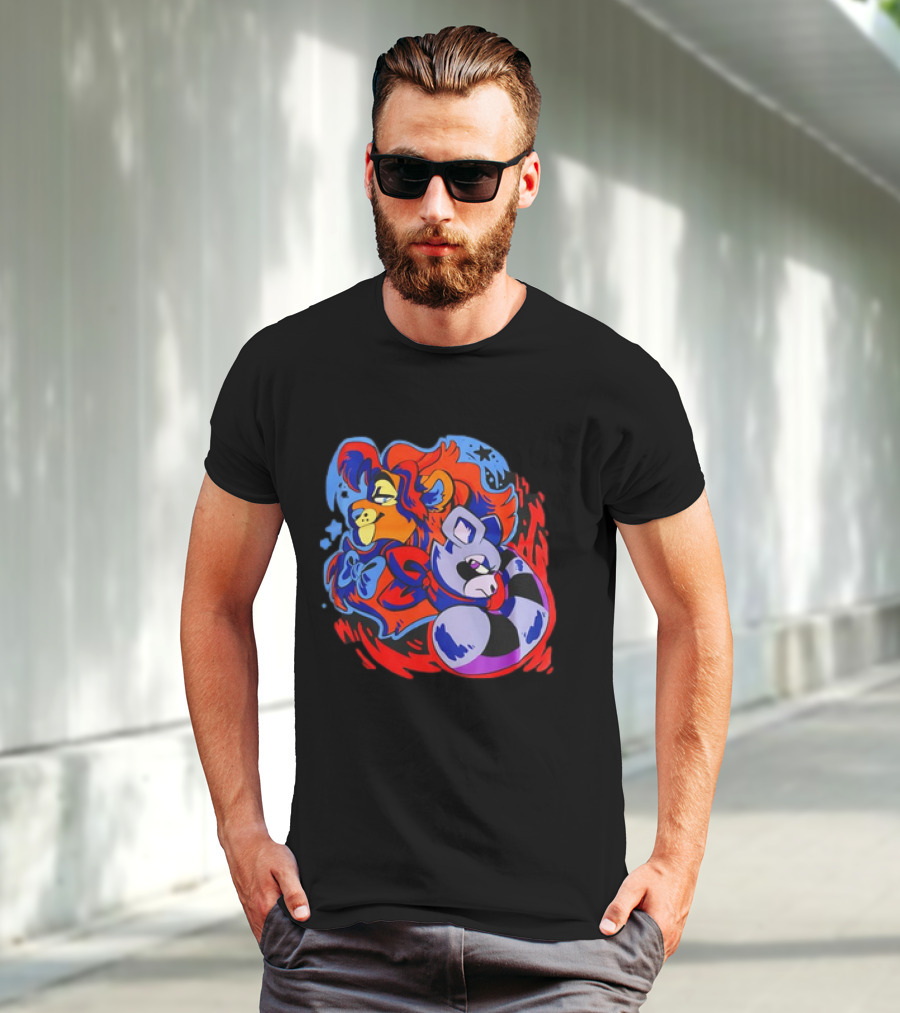 Lion And Raccoon Cartoon With Colorful Flowing Manes And Scarves T-Shirt