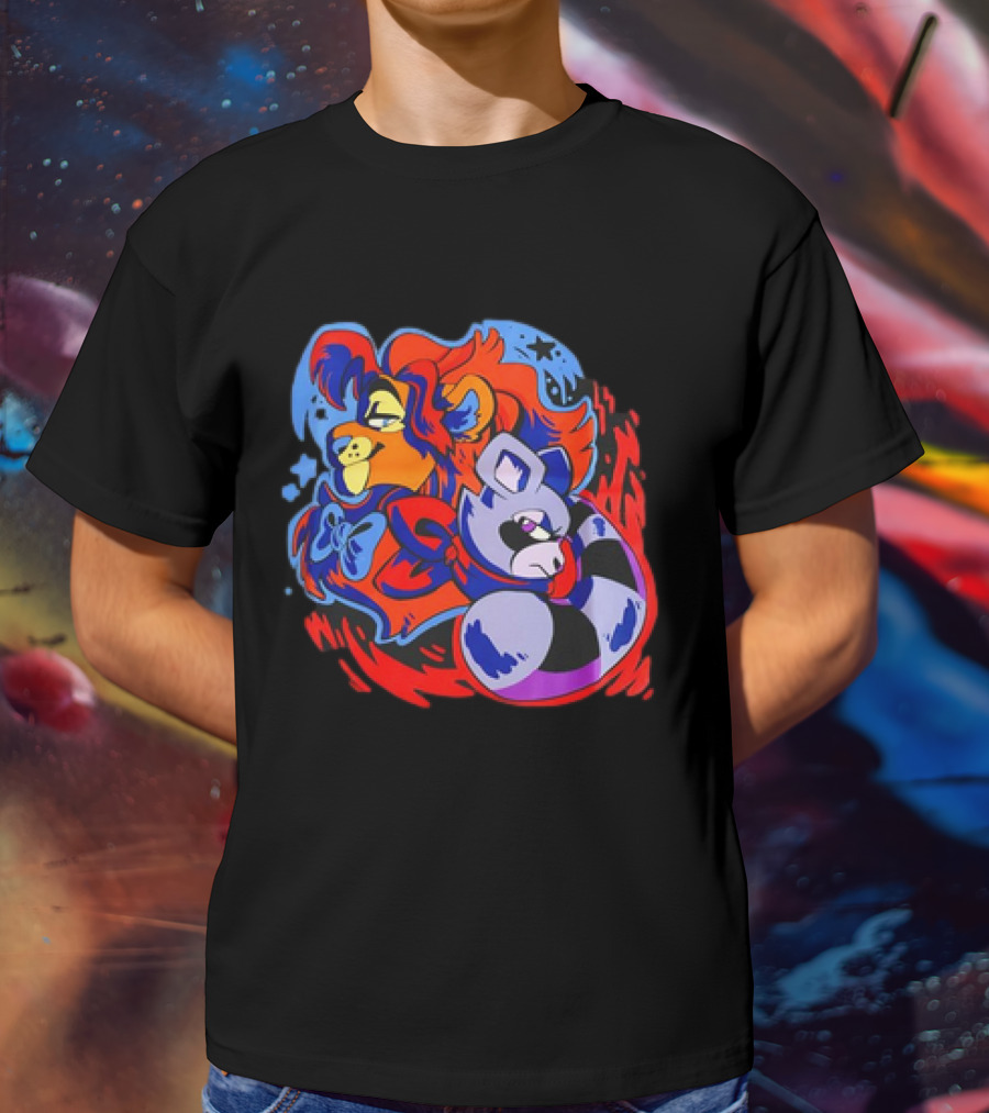 Lion And Raccoon Cartoon With Colorful Flowing Manes And Scarves T-Shirt