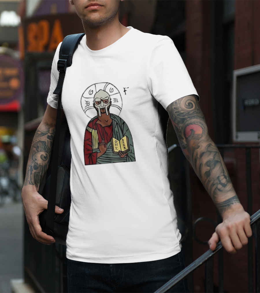 MF DOOM Cartoon Iconic Mask With Sacred Imagery And Open Book One Beer T-Shirt
