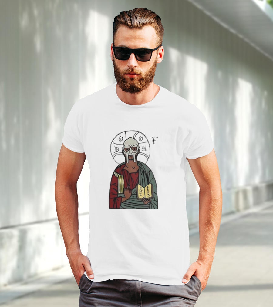 MF DOOM Cartoon Iconic Mask With Sacred Imagery And Open Book One Beer T-Shirt