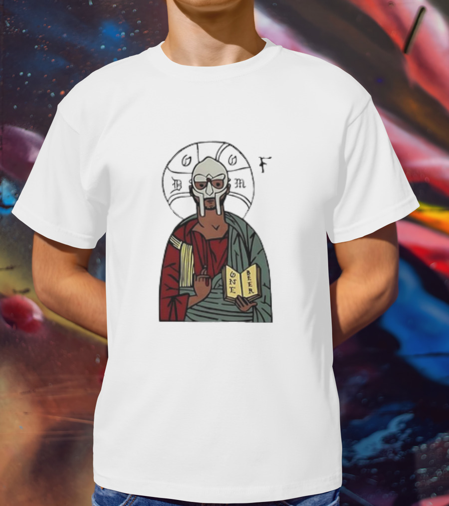 MF DOOM Cartoon Iconic Mask With Sacred Imagery And Open Book One Beer T-Shirt