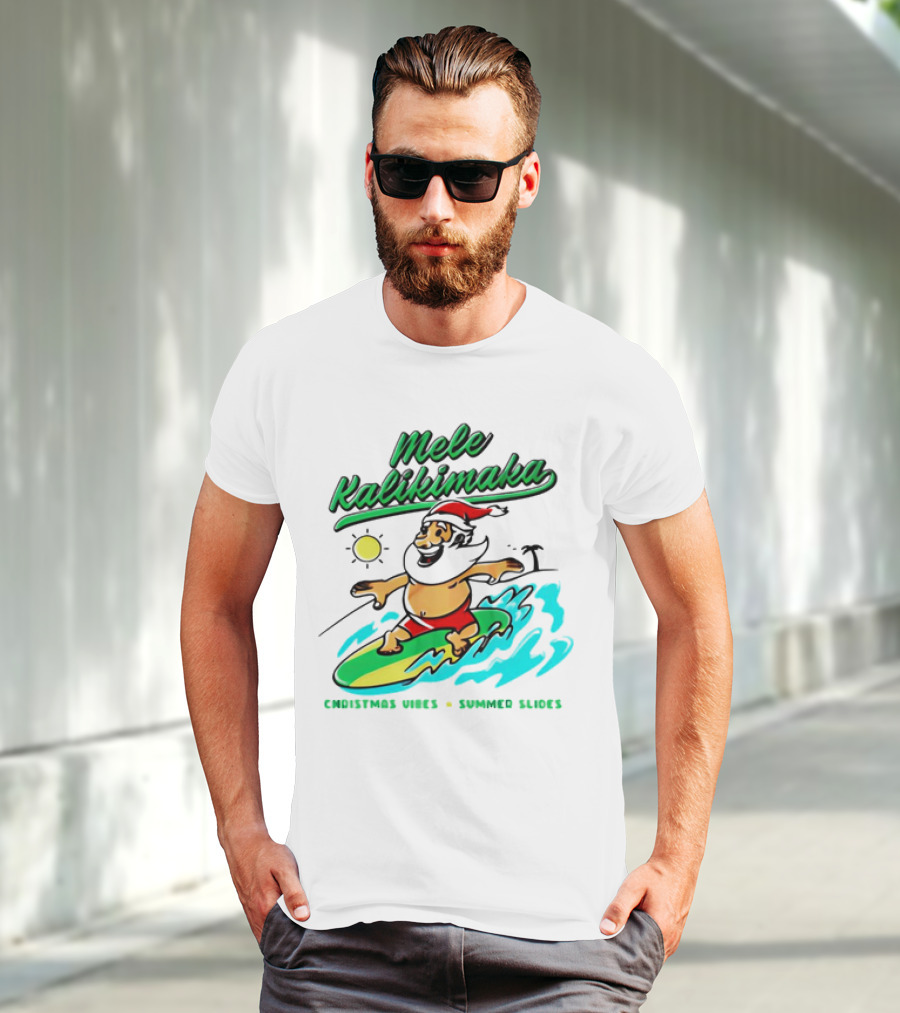 Mele Kalikimaka Santa Claus Surfing Christmas Vibes Summer Slides T-Shirt