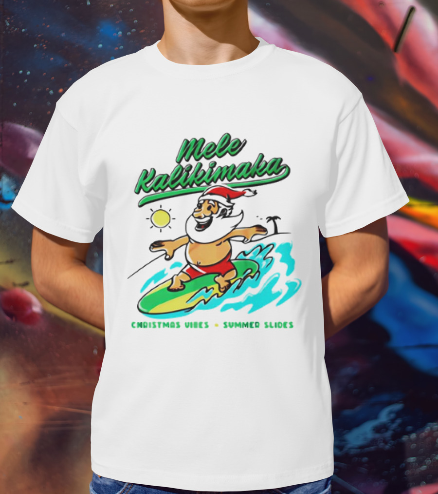 Mele Kalikimaka Santa Claus Surfing Christmas Vibes Summer Slides T-Shirt