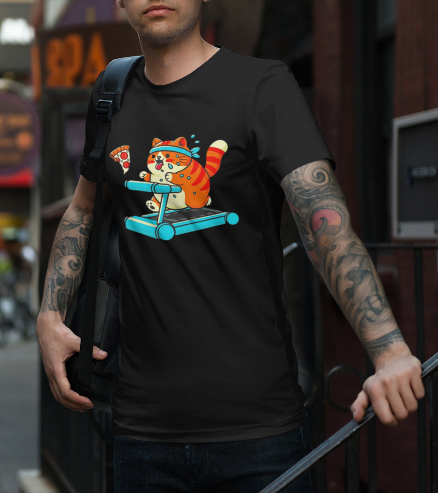 Chasing Dreams And Pizza Slices Chonky Cat Running On Treadmill T-Shirt
