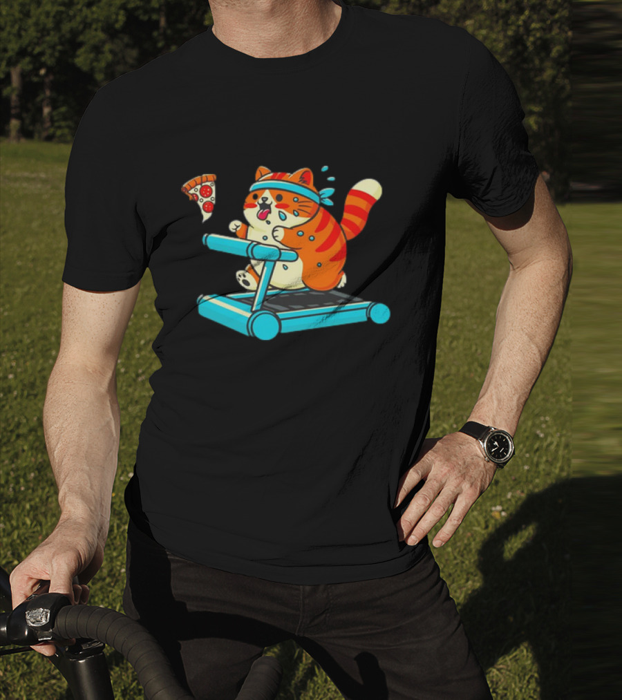 Chasing Dreams And Pizza Slices Chonky Cat Running On Treadmill T-Shirt
