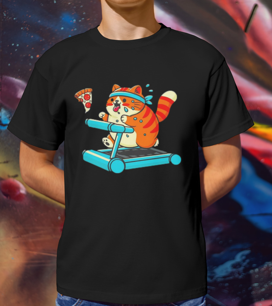 Chasing Dreams And Pizza Slices Chonky Cat Running On Treadmill T-Shirt