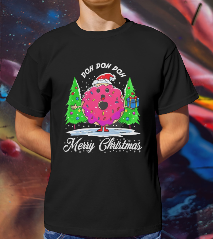 Doh Doh Doh Donut Santa Merry Christmas Snow Scene T-Shirt