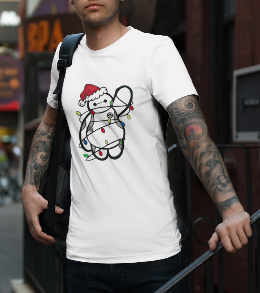 Baymax Wrapped In Christmas Lights Wearing Santa Hat T-Shirt